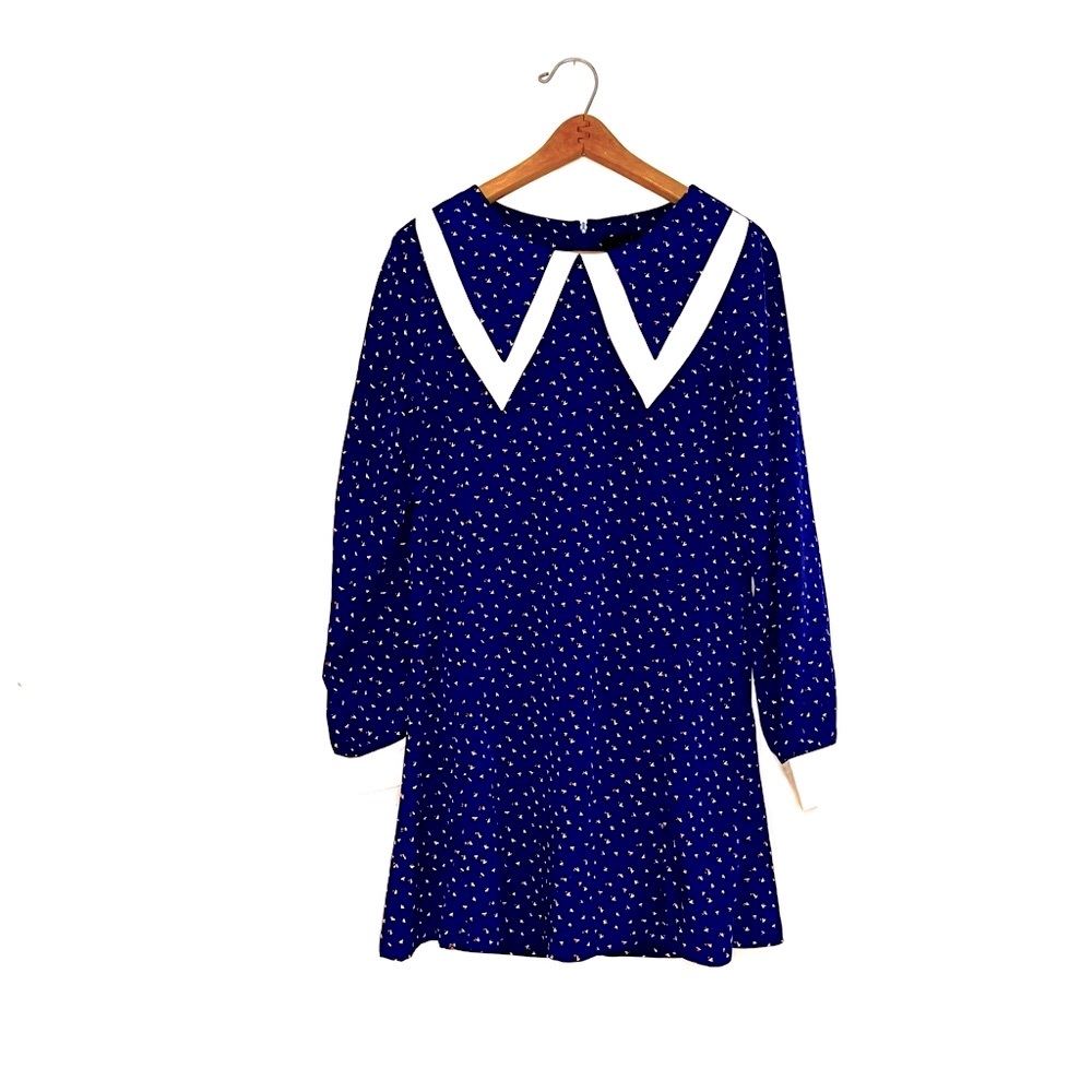 Mina UK Navy Blue Geometric Print Dress Large Statement White V-Collar Size M